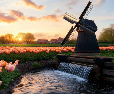 Dutch windmill and tulip field at sunset with flowing stream.の写真素材
