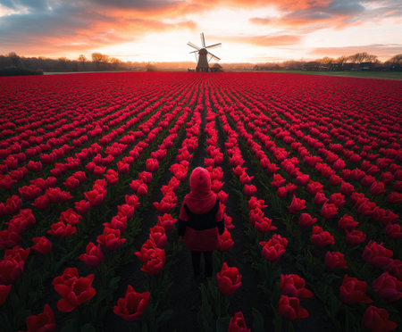 Female in red coat standing in vibrant tulip field at sunset with windmill.の写真素材