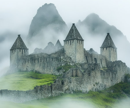 Ancient stone fortress in misty mountains amid lush greenery.の写真素材