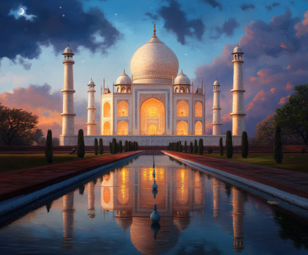 Sunset view of majestic taj mahal reflecting in tranquil pool.の写真素材