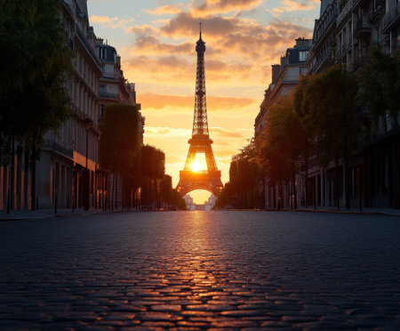 Majestic sunset view of the eiffel tower with dramatic skies in paris.の写真素材