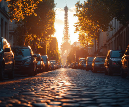 Eiffel tower at sunrise with cobblestone street and cars in paris.の写真素材
