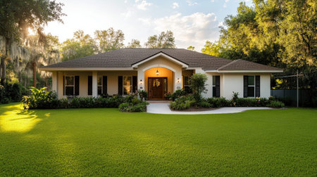 Charming suburban family home with manicured lawn at sunset.の写真素材