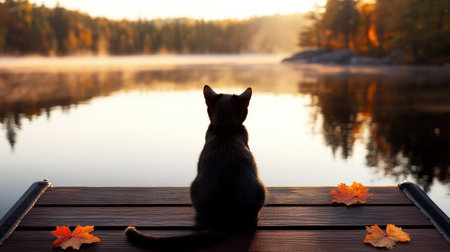 Cat sitting on dock by autumn lake at sunrise.の写真素材