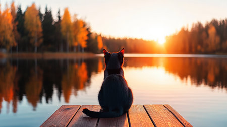 Black cat watching sunset over serene lake with autumn trees.の写真素材