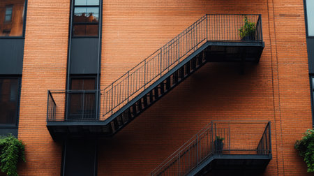Red brick building with iron fire escape and greenery accents.の写真素材