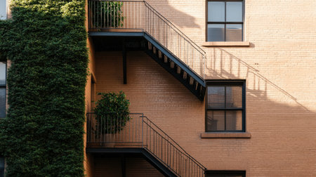 Urban brick building with external fire escape stairs and green ivy.の写真素材