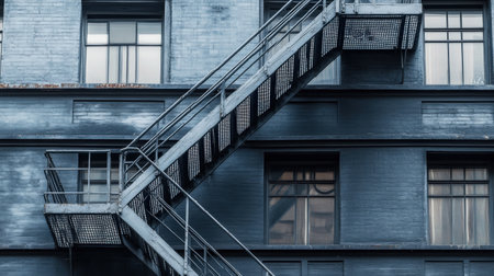 Urban architecture: industrial style fire escape on blue brick building.の写真素材