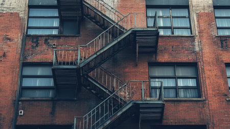 Urban escape: old red brick building with metal fire escape stairs in cityscape.の写真素材