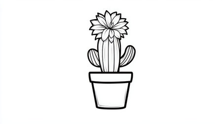Black and white line art of flowering cactus in pot.の写真素材