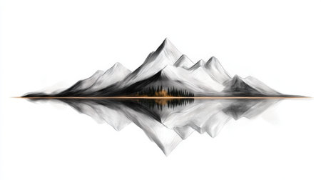 Digital art of snowy mountains with mirror reflection on water.の写真素材