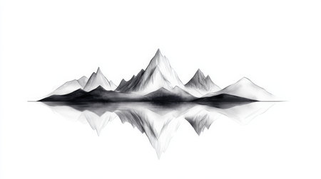 Minimalistic monochrome mountain landscape with calm reflection.の写真素材