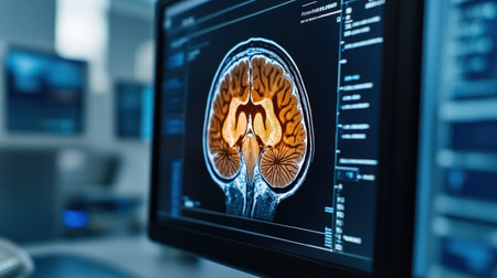 Close-up brain scan displayed on medical monitor in hospital setting.の写真素材