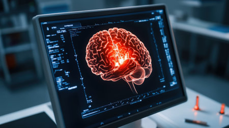 Digital brain activity scan on monitor in medical laboratory setting.の写真素材