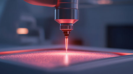 Close-up of high-tech laser engraving carbon fiber with red light.