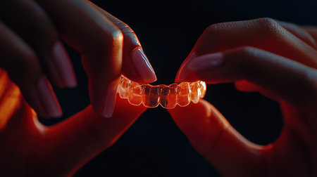 Hands holding clear dental aligner under warm lighting.の写真素材