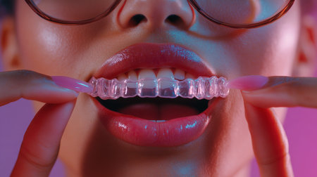 Close-up of female with clear aligner: dental care and modern orthodontics.