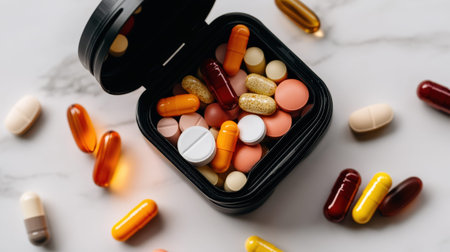 Assorted pills and capsules in black container on marble surface.