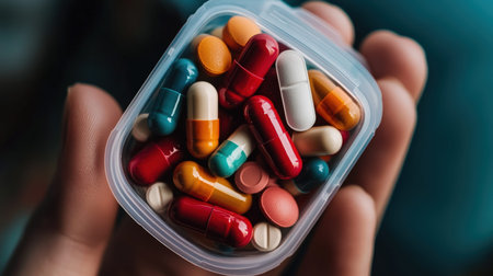 Diverse collection of colorful pills in a container held by hand.
