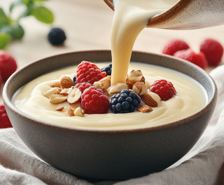 Creamy yogurt with fresh berries and almonds in ceramic bowl.の写真素材