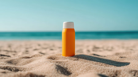 Yellow sunscreen bottle on sandy beach with ocean background under clear blue sky.