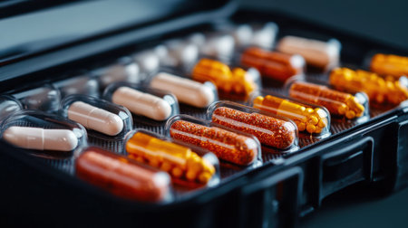 Assorted capsules and tablets in transparent packaging.