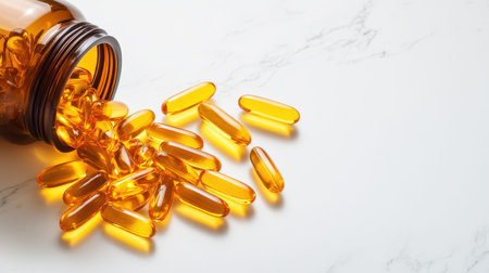 Vitamin D capsules spilled from brown bottle on marble surface.
