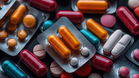 Assorted colorful capsules and tablets in blister packs.の写真素材