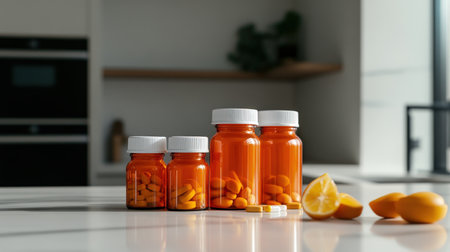Assorted orange pill bottles with tablets and lemons on white kitchen counter.の写真素材