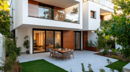 Modern minimalist patio with wooden accents and glass doors leading to indoor living space.の写真素材