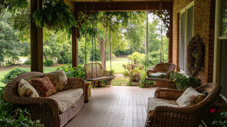 Cozy porch with wicker furniture and garden view.の写真素材