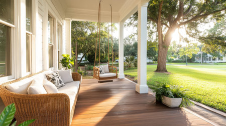 Sunlit wooden porch with cozy rattan furniture and swing overlooking green lawn.