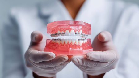 Hands holding dental model with braces in medical environment.