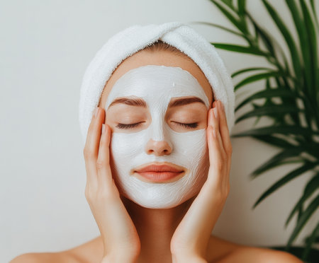 Young caucasian female relaxing with skincare face mask and towel.の写真素材