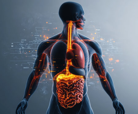 Detailed visualization of the human digestive system in transparent anatomical model.の写真素材