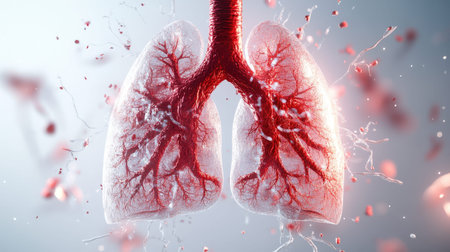 Detailed visualization of human respiratory system with lungs and bronchi.の写真素材