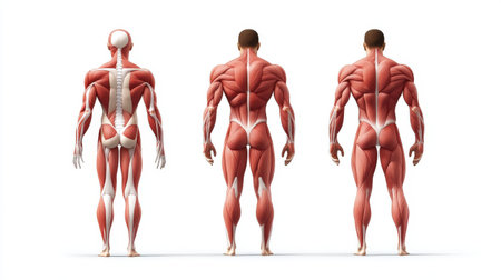 Muscular system anatomy illustration featuring three views of male muscles.の写真素材