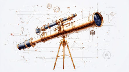 Antique brass telescope on tripod with technical blueprint background.の写真素材