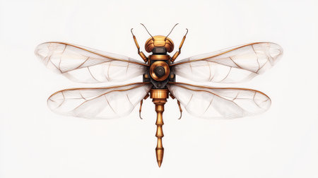 Steampunk-inspired mechanical dragonfly with transparent wings and metal body.の写真素材