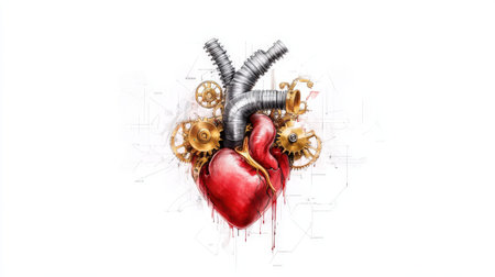 Mechanical heart with gears and tubes on technical background.