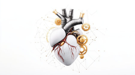 Futuristic artificial heart with mechanical gears and abstract network connections.の写真素材