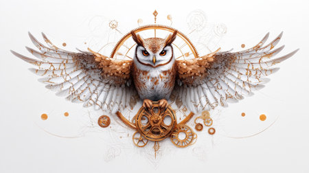 Steampunk owl with gears and wings on intricate mechanical background.の写真素材