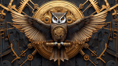 Steampunk owl with intricate gears and metallic wings in mechanized setting.の写真素材