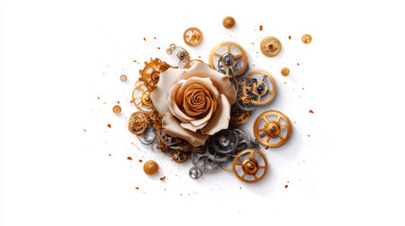 Steampunk rose and gears fusion on white background.
