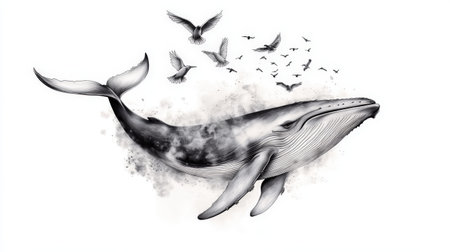 Monochrome whale with birds: artistic illustration of marine life and avians.の写真素材