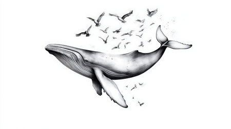 Whale and birds in flight: harmony in nature.の写真素材