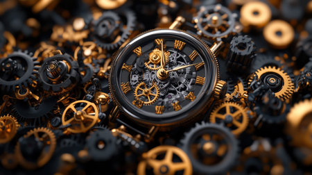 Intricate mechanical clockwork with bronze and black gears in a close-up view.