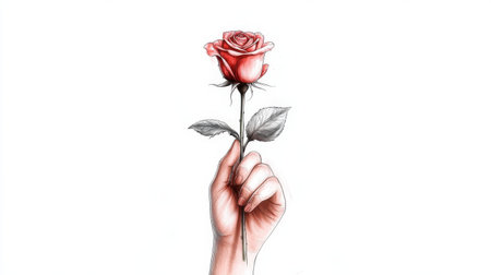 Hand holding red rose with delicate leaves on white background.の写真素材