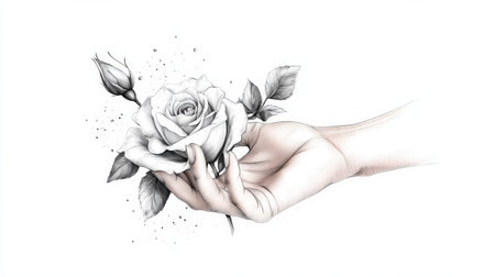 Elegant hand holding rose sketch with detailed petals and leaves on white background.の写真素材