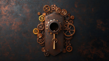 Steampunk gears and keyhole on rusty metal background.の写真素材